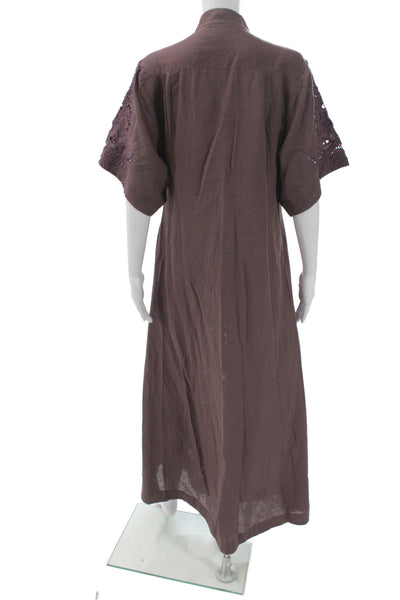 Flannel Womens Kaftan Maxi Brown High Neck Button Short Sleeve Size 1