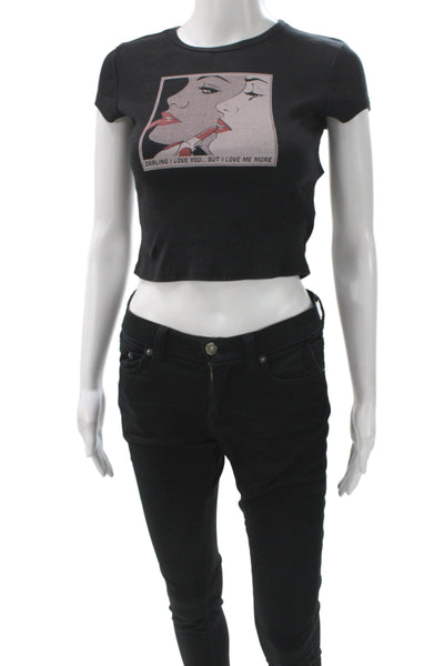 Reformation Womens Cropped Black Graphic Tee Cotton Spandex Crew Neck Size XS