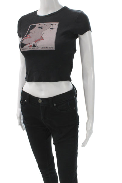 Reformation Womens Cropped Black Graphic Tee Cotton Spandex Crew Neck Size XS