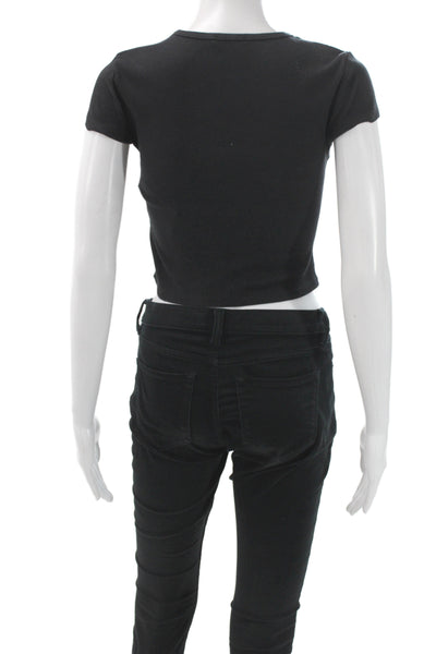 Reformation Womens Cropped Black Graphic Tee Cotton Spandex Crew Neck Size XS
