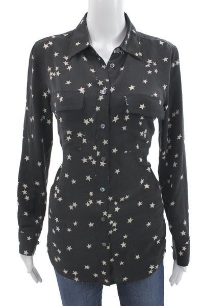 Equipment Femme Women Black Silk Long Sleeve Stars Button-Up Size S