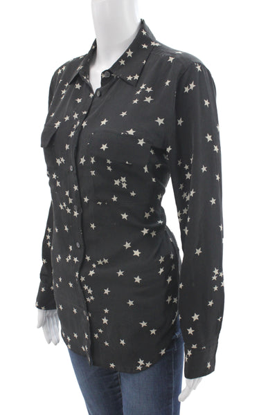 Equipment Femme Women Black Silk Long Sleeve Stars Button-Up Size S