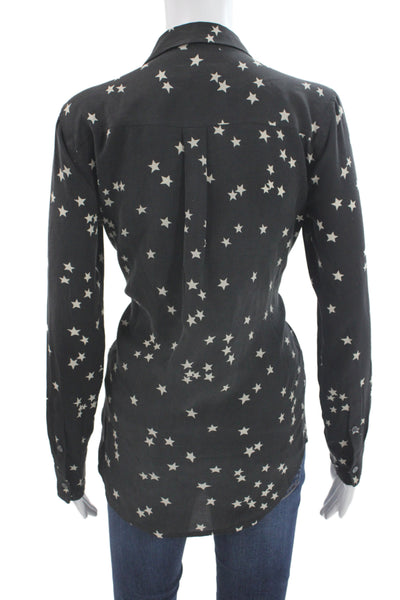 Equipment Femme Women Black Silk Long Sleeve Stars Button-Up Size S