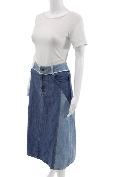 Sea Women A-Line Patchwork Cotton Midi Skirt Blue Size 6