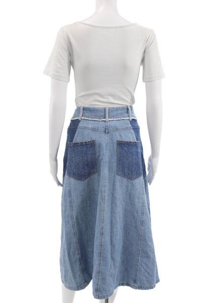 Sea Women A-Line Patchwork Cotton Midi Skirt Blue Size 6