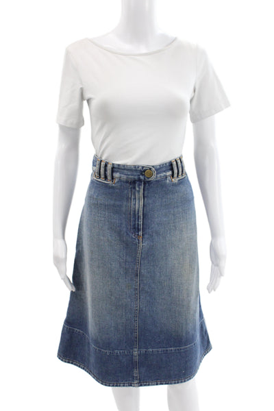 Chloe Women A-Line Blue Cotton Midi Skirt Button Closure Size 30