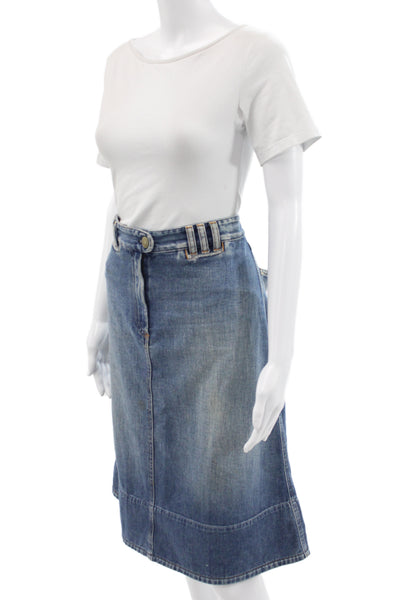 Chloe Women A-Line Blue Cotton Midi Skirt Button Closure Size 30