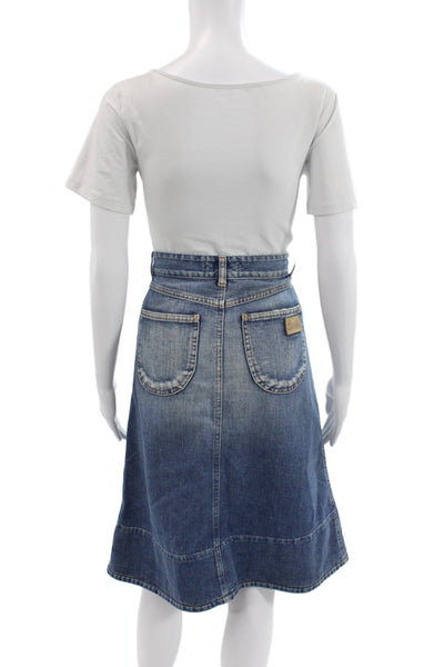 Chloe Women A-Line Blue Cotton Midi Skirt Button Closure Size 30