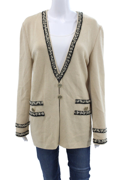 St John Collection Marie Gray Women Beige V-Neck Cardigan Wool Size 12