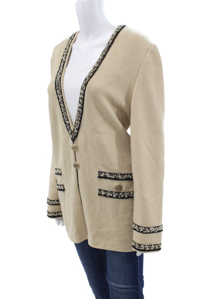 St John Collection Marie Gray Women Beige V-Neck Cardigan Wool Size 12