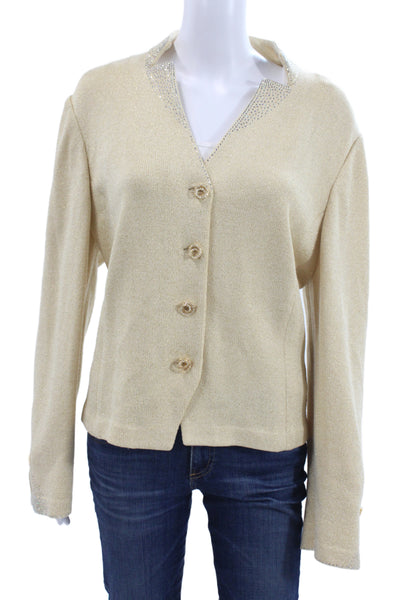 St. John Evening Women Cardigan Beige Wool V Neck Button Long Sleeve Size 14
