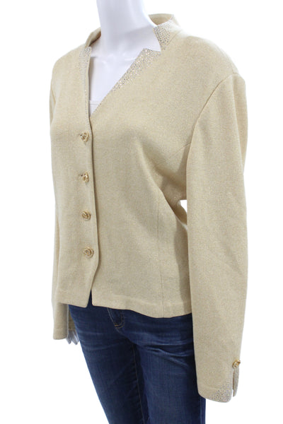 St. John Evening Women Cardigan Beige Wool V Neck Button Long Sleeve Size 14