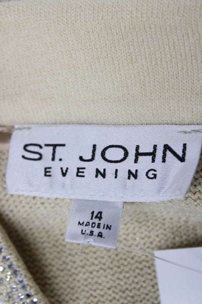 St. John Evening Women Cardigan Beige Wool V Neck Button Long Sleeve Size 14