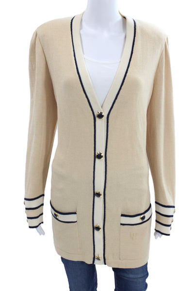 St John Collection Marie Gray Women Cardigan Beige Striped V-Neck Button Size L