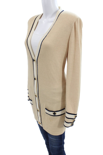 St John Collection Marie Gray Women Cardigan Beige Striped V-Neck Button Size L