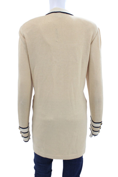 St John Collection Marie Gray Women Cardigan Beige Striped V-Neck Button Size L