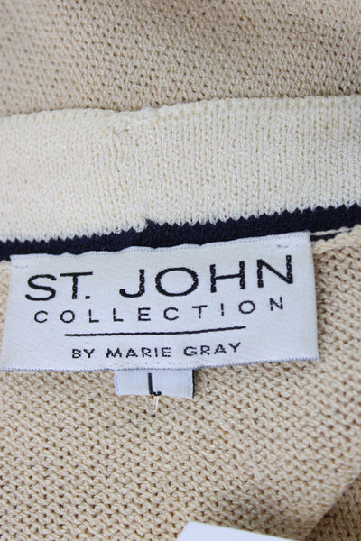 St John Collection Marie Gray Women Cardigan Beige Striped V-Neck Button Size L