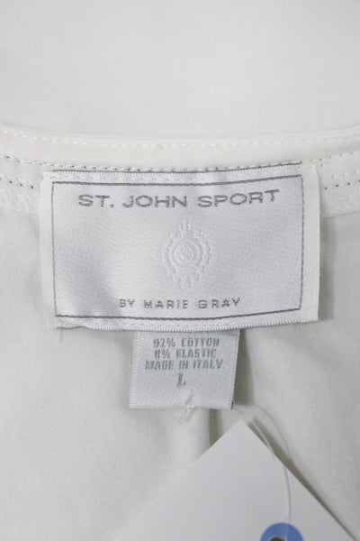 St. John Sport Womens Ringer Tank Sleeveless Silk Square Neck White Size L
