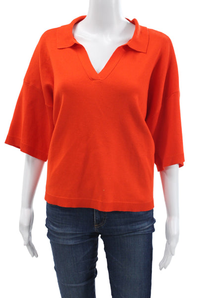 Cyrus Womens V-Neck Short Sleeve Basic Top Orange Rayon Nylon Size L