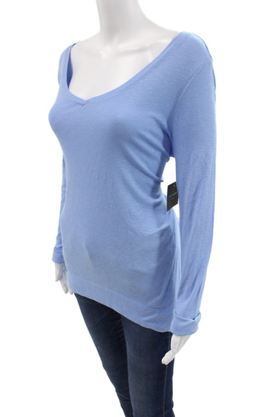 Cynthia Rowley Women Light Blue V-Neck Long Sleeve Basic T-Shirt Size L