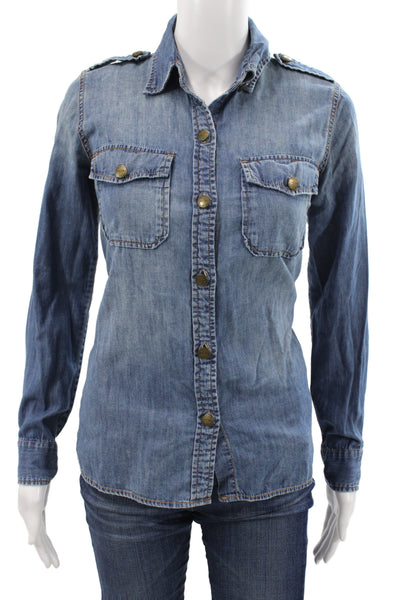 Current/Elliott Womens Collared Button Up Top Cotton Long Sleeve Blue Size 0