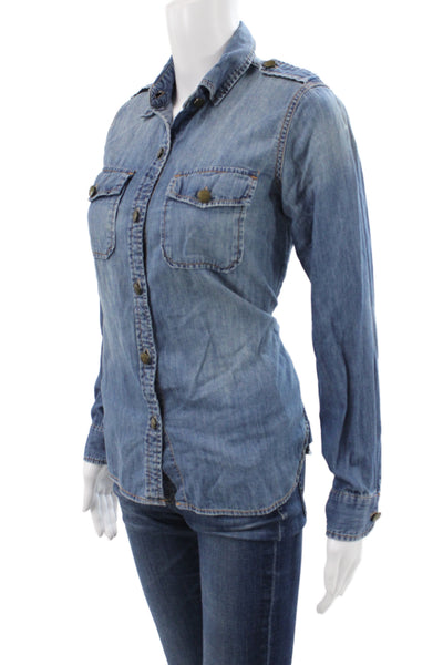 Current/Elliott Womens Collared Button Up Top Cotton Long Sleeve Blue Size 0