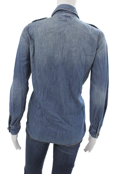 Current/Elliott Womens Collared Button Up Top Cotton Long Sleeve Blue Size 0