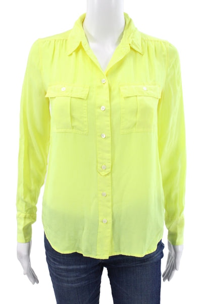 J Crew Women Silk Collared Button Up Blouse Yellow Long Sleeve Neon Size 0