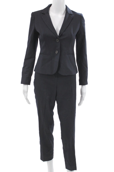 J Crew Women 2 Piece Wool Striped Dark Blue Suit Collared Button Size 0