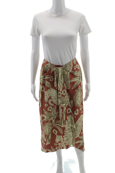 Johanna Ortiz Women Wrap Midi Skirt Brown Organic Linen Graphic Print Size 0