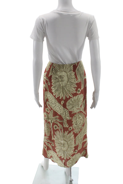 Johanna Ortiz Women Wrap Midi Skirt Brown Organic Linen Graphic Print Size 0