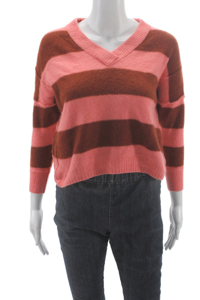Free People Unisex Brown Striped V-Neck Pullover Wool Long Sleeve Size XS