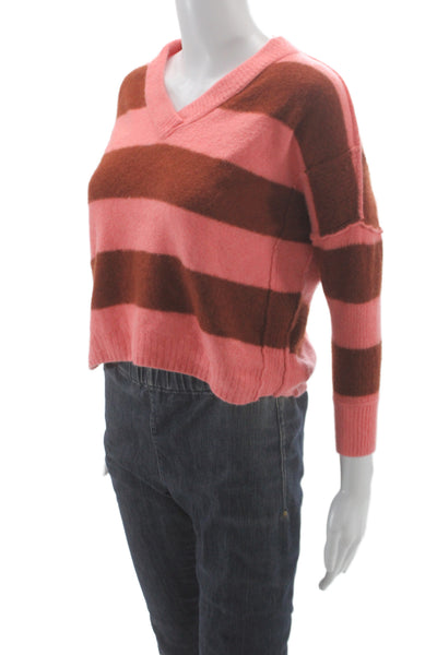 Free People Unisex Brown Striped V-Neck Pullover Wool Long Sleeve Size XS