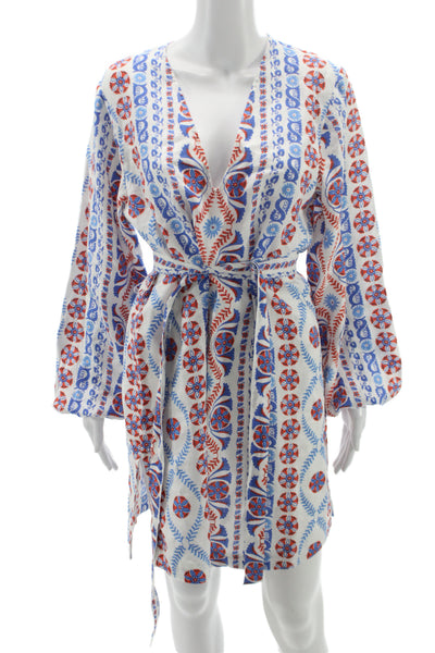 Boden Women Blue Linen Kaftan Wrap Dress Long Sleeve V Neck Tie Waist Size 6