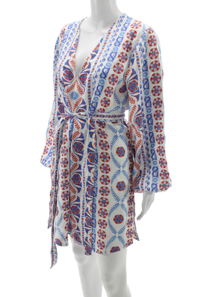 Boden Women Blue Linen Kaftan Wrap Dress Long Sleeve V Neck Tie Waist Size 6