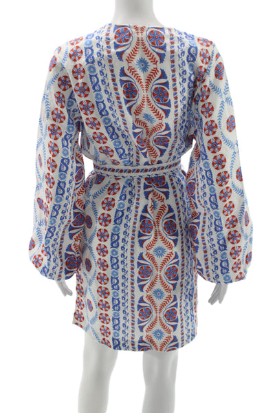 Boden Women Blue Linen Kaftan Wrap Dress Long Sleeve V Neck Tie Waist Size 6