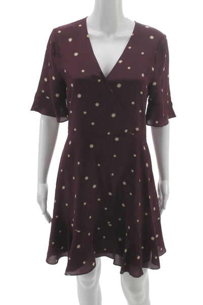 Madewell Women Fit & Flare Dress Purple Star Silk Short Sleeve Knee Size 6