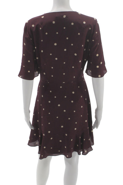 Madewell Women Fit & Flare Dress Purple Star Silk Short Sleeve Knee Size 6