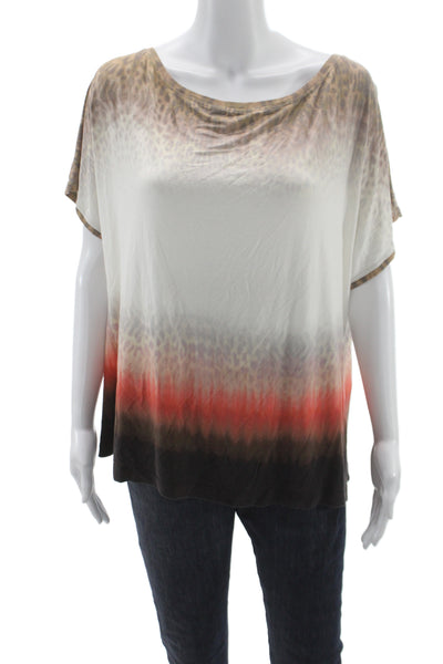 St. John Womens Tunic Blouse Beige Leopard Print Short Sleeve Size XL