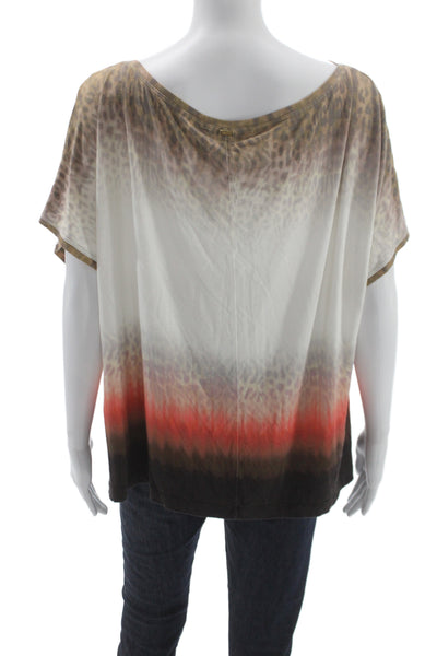 St. John Womens Tunic Blouse Beige Leopard Print Short Sleeve Size XL