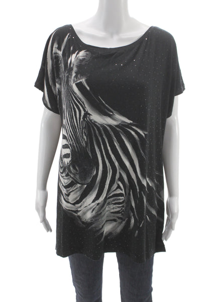 St. John Womens Jersey Tunic Animal Print Black Short Sleeve Size L