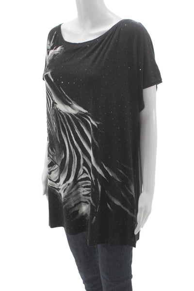 St. John Womens Jersey Tunic Animal Print Black Short Sleeve Size L