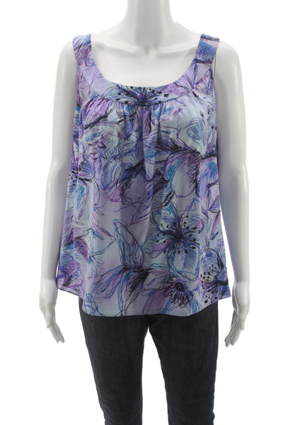 St. John Women Sleeveless Floral Silk Blouse Round Neck Light Blue Size 16