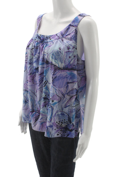St. John Women Sleeveless Floral Silk Blouse Round Neck Light Blue Size 16