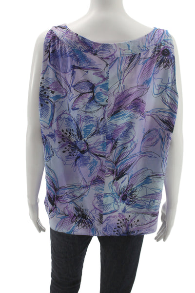 St. John Women Sleeveless Floral Silk Blouse Round Neck Light Blue Size 16