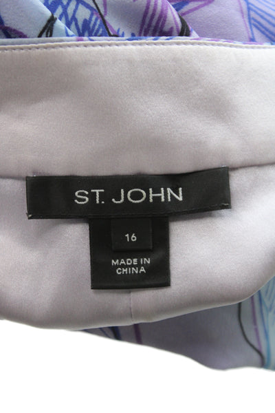 St. John Women Sleeveless Floral Silk Blouse Round Neck Light Blue Size 16