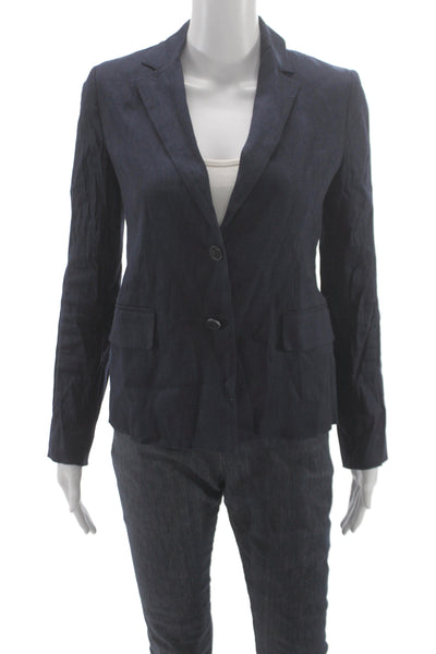 Vince Womens Dark Blue Linen Blend Blazer Collared Button Long Sleeve Size 4