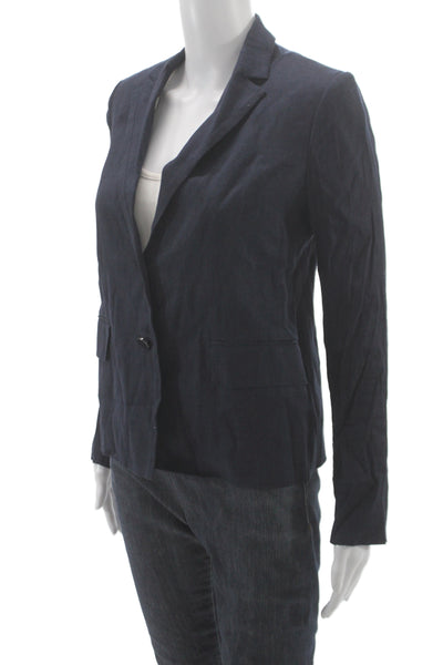 Vince Womens Dark Blue Linen Blend Blazer Collared Button Long Sleeve Size 4