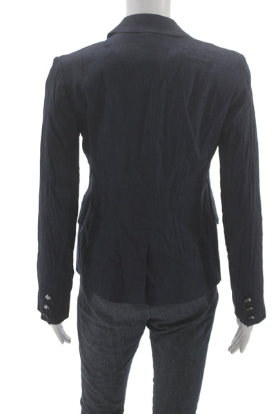 Vince Womens Dark Blue Linen Blend Blazer Collared Button Long Sleeve Size 4