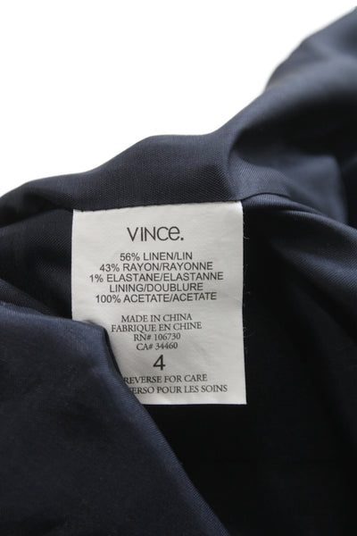 Vince Womens Dark Blue Linen Blend Blazer Collared Button Long Sleeve Size 4
